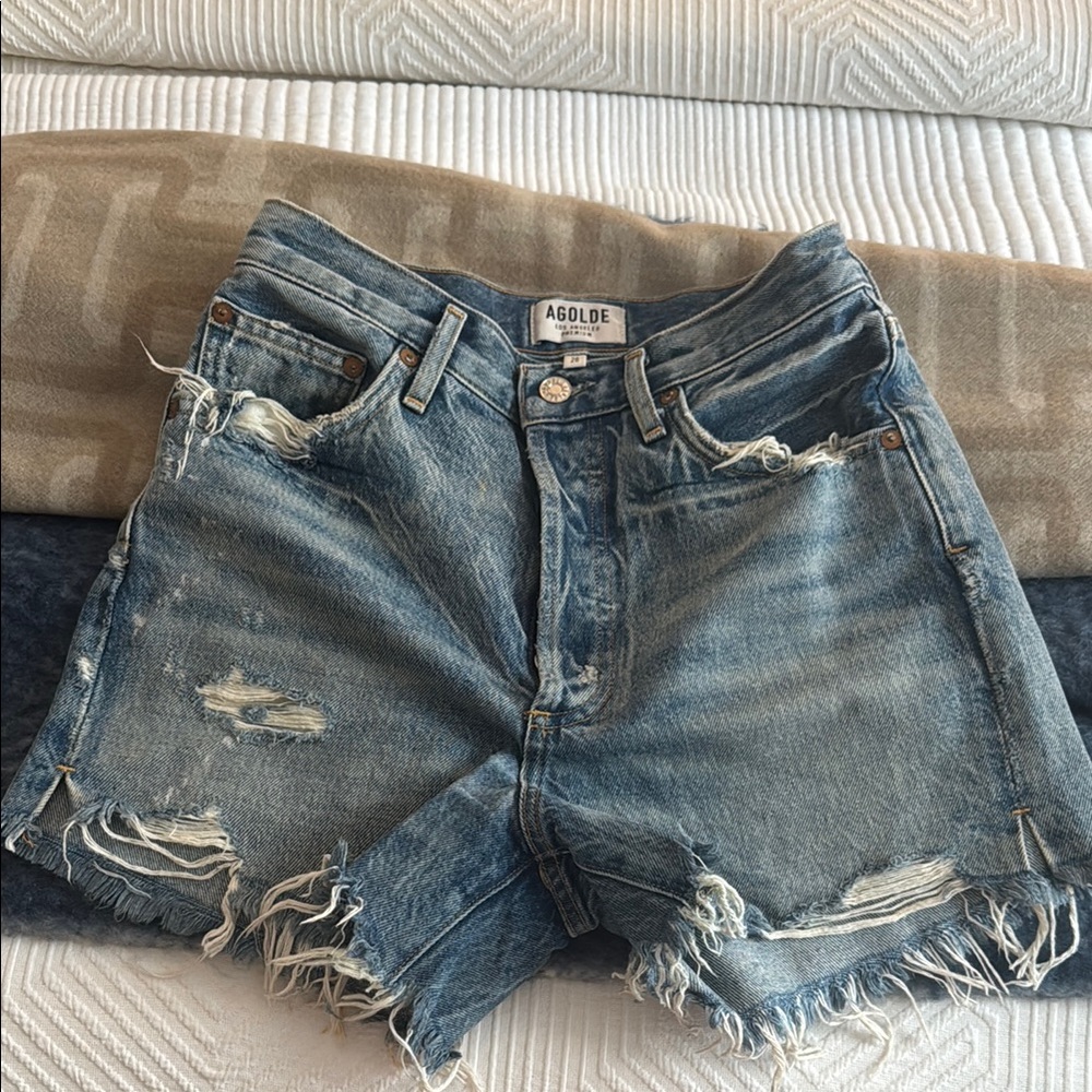 Agolde Blue Distressed Jean Shorts High-Waisted